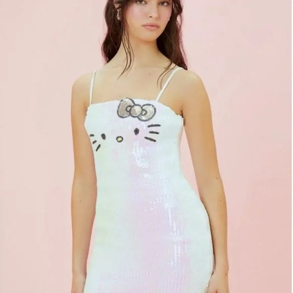 Hello Kitty Iridescent Sequin Slip Dress - White & Pink - Picture 1 of 4